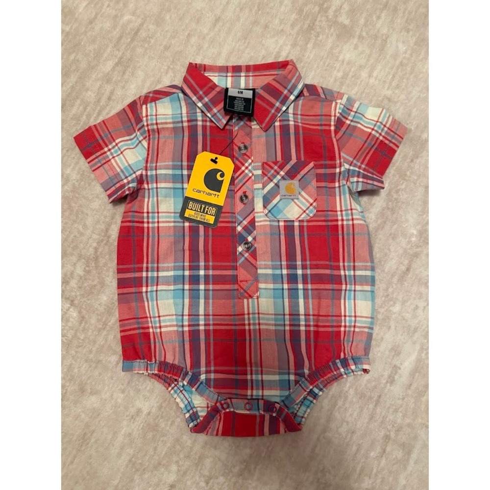 Carhartt Baby Boys Red Blue Plaid Short Sleeve Bodysuit 6M NEW
